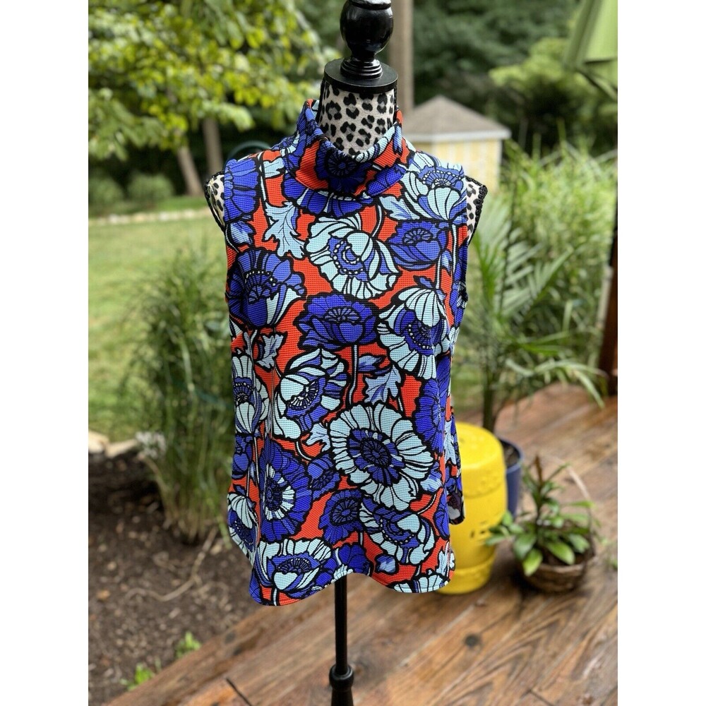 Bobeau Mock Neck Sleeveless Tank Top Sz: L Floral Zip Back Blue Waffle Knit